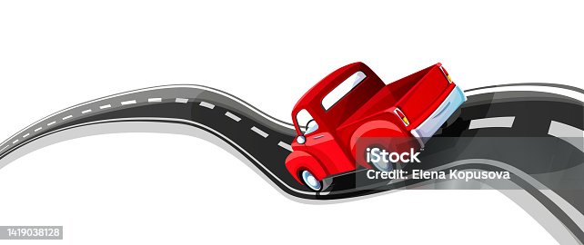 istock The concept of mechanical engineering and fast movement. Pickup truck with asphalt road in cartoon style on a isolated white background. 1419038128