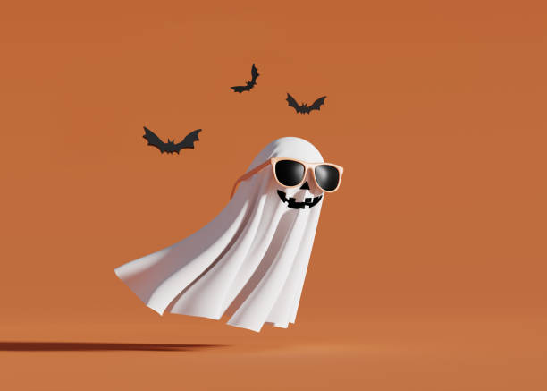 istock 3D white happy ghost flying in sunglasses on orange background with black bat. Funny fall Halloween illustration. Trendy Abstract minimal 3D render with copy space. 1419044178