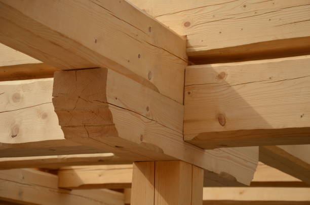 istock a carpenter built a log cabin with rough hewn beams. wood planing was not done before. authentic craftsmanship wooden log cabin. mortises for placing roof beams. gouging wood, ax, cut 1419044430