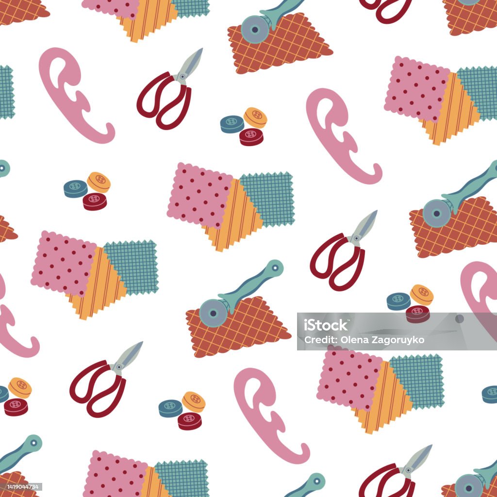 Pattern Scissors Sample Seamless Pattern With Sewing Elements Scissors Buttons Roller Knife ...