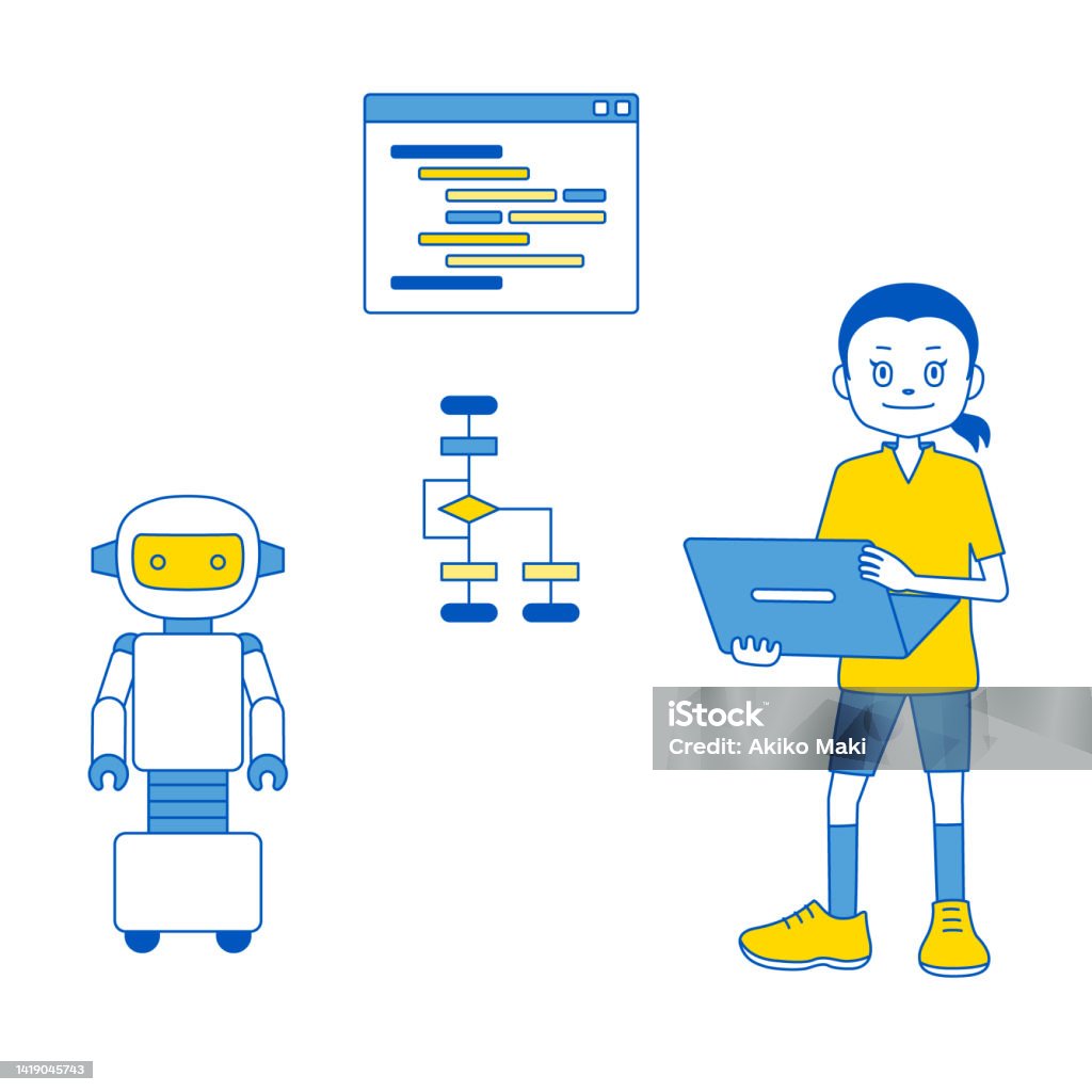 Robot Animado Programando Ilustración de Ilustración De Un Niño Programando El Movimiento De Un ...
