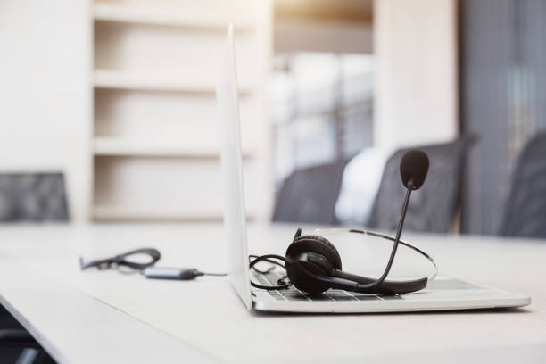 istock Communication support, call center and customer service help desk. VOIP headset for customer service support (call center) concept . 1419046374