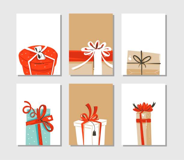 手描きベクトル抽象楽しいサプライズ ギフト ボックス クラフト用紙の背景に分離の可愛いイラスト入りクリスマス時間漫画カードまたはタグ コレクション - christmas fun set gift点のイラスト素材／クリップアート素材／マンガ素材／アイコン素材
