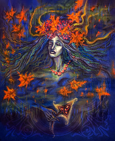 Mystical woman holding Triquetra knot as flower, wearing orangle maple leaf wreath. Representation of harvest festival and prosperity. Autumn Equnox. Mabon pagan festive. Nymph with long wavy hair appears in waters of stream. Magical fairytale forest spirit.