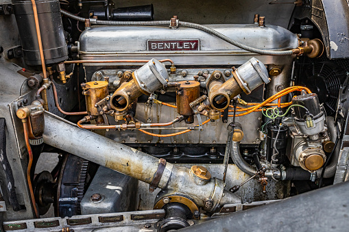 Highlands, NC - June 11, 2022: Close up detail view of interior engine of a 1927 Bentley 4.5 Litre Blower at a local car show.