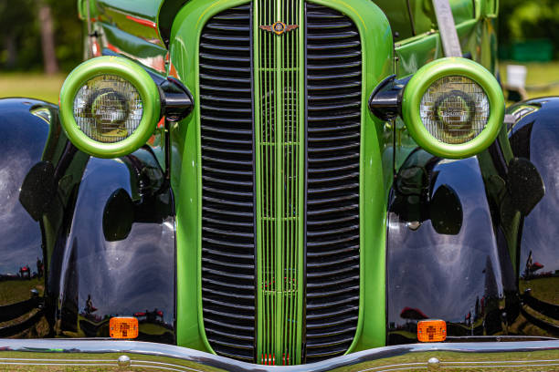 Statesboro, GA - May 17, 2014: Shallow depth of field closeup of the front end detail on a customized 1937 Dodge pickup truck.