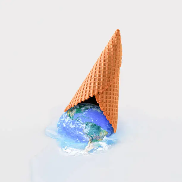 Planet Earth dripping from overturned ice cream cone on beige background. Minimal abstract melting scene. Creative idea of global warming or climate change. Dystopian concept. World provided by NASA. https://earthobservatory.nasa.gov/images/565/earth-the-blue-marble