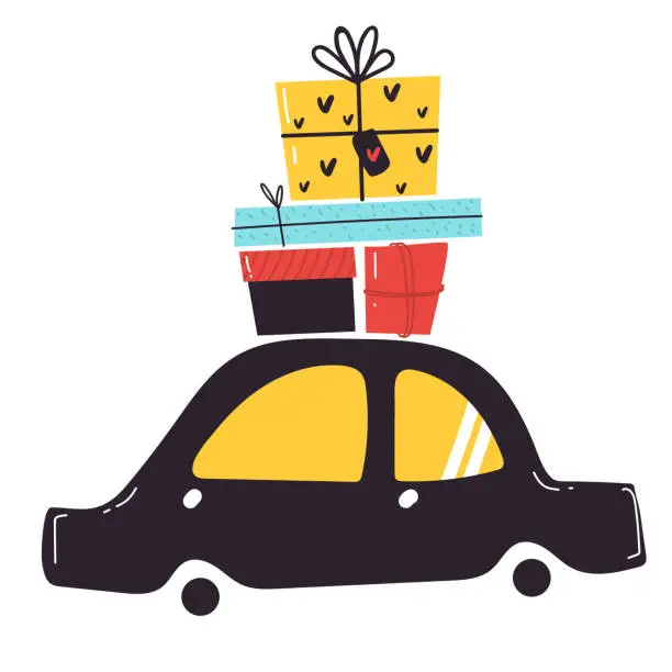 Vector illustration of Gift boxes on the car. Merry christmas stylized typography. Vector flat style illustration