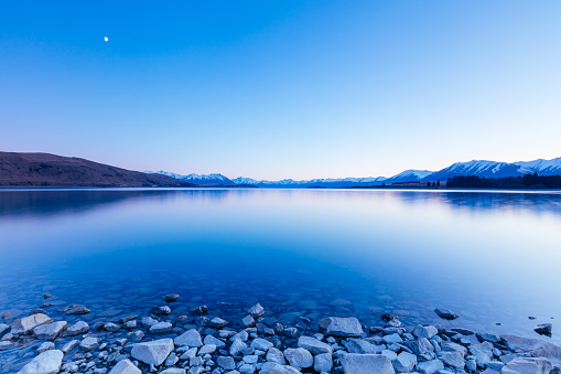 Majestic Lake Tekapo at sunrise on a cool spring morning in New Zealand