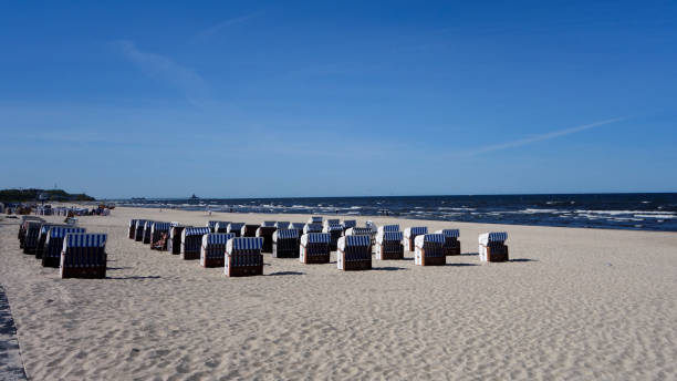 Alhbeck, Germany, May 9, 2022 - Beach chairs on the beach of Ahlbeek