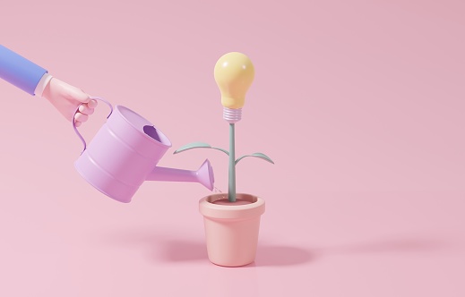 Hand holding watering can to water light bulb tree in pot, growth mindset, idea or creativity development, increase knowledge concept, 3d render illustration.