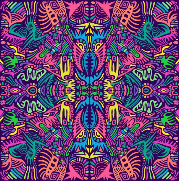 Vector illustration of Vibrant primitive abstract patterns psychedelic hippie trippy doodle style background. Surreal multi coloring symmetrical texture maze of ornaments.