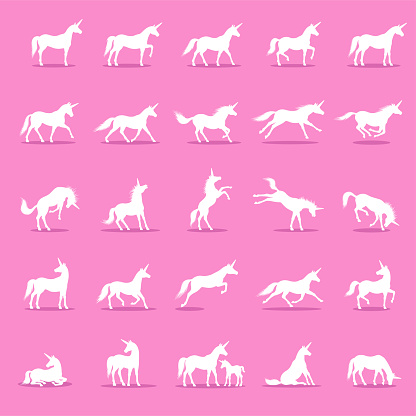 Unicorn icons set isolated on pink. Mysterious animal.