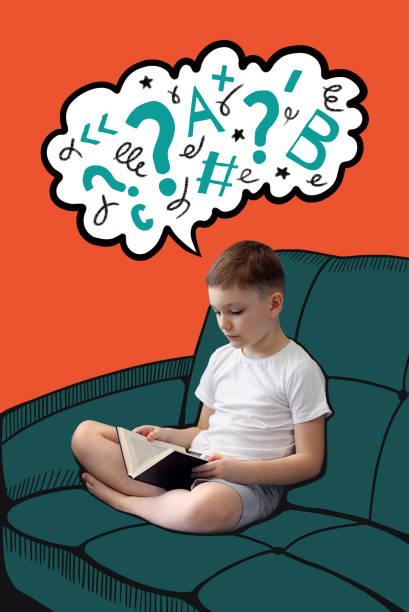 少年はソファで本を興味深く読んでいる。ファッションアートのコラージュ。モダンなデザイン。 - child 6 7 years education school ストックフォトと画像