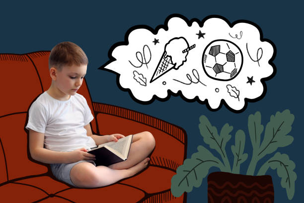istock The boy is reading a book and thinking about games. Modern art collage design. Negative space to insert text. 1419057512