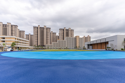 Modern buildings around the playground