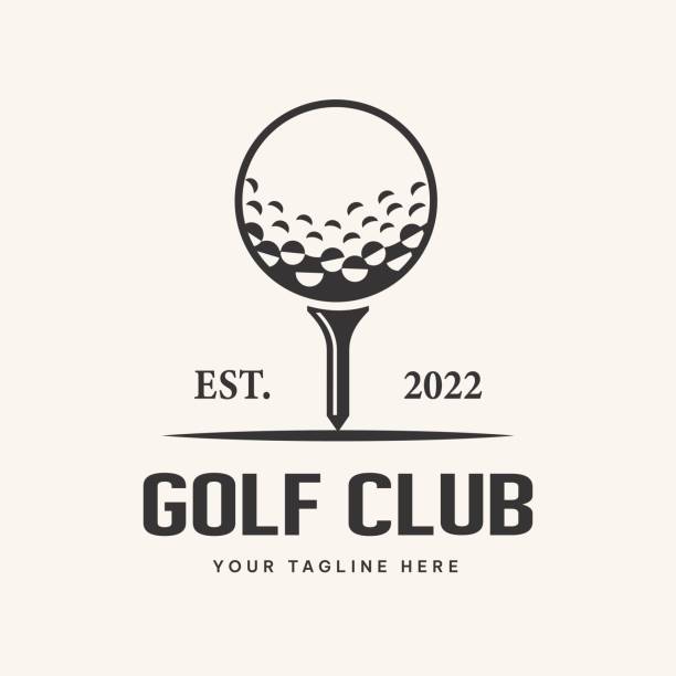 golf club and ball illustration logo on tee.vector, symbol, icon, template - vuruş noktası stock illustrations