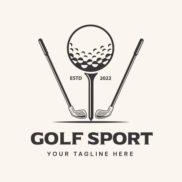 illustrations, cliparts, dessins animés et icônes de conception du logo du club de golf avec bâton et balle sur le tee. illustration vectorielle, symbole, icône, modèle - tee