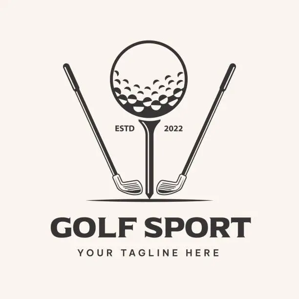 Vector illustration of Golf club logo design with stick and ball on tee. Vector illustration, symbol, icon, template