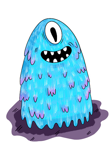 Digital drawing of a cartoon character. Cheerful fluffy alien of blue color. Illustration for stickers, prints, decoration and design.