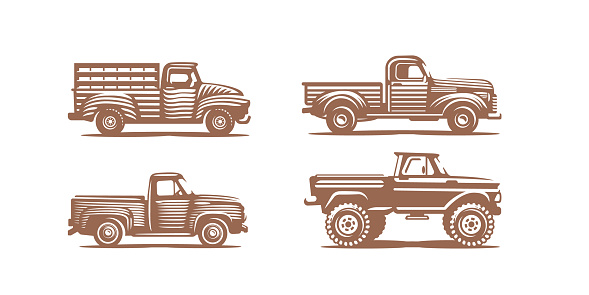 Farm trucks retro drawing, vector illustration of farming cars with trunk. Agricultural transport for crop and harvest shipping. Graphic design elements for labels and emblems, isolated machines set