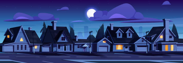illustrations, cliparts, dessins animés et icônes de maisons de banlieue la nuit, rue de banlieue sombre - row house illustrations