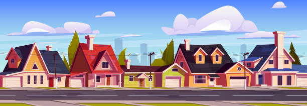 illustrations, cliparts, dessins animés et icônes de maisons de banlieue, rue de banlieue avec bâtiments - row house illustrations