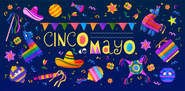 Vector illustration of Mexican holiday pinata background. Cinco de mayo birthday mexico design with donkey and confetti, fiesta and carnival with candy and paper toys. Cartoon flat vector flyer poster