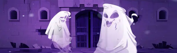 Vector illustration of Spooky ghosts near abandoned castle gates at night