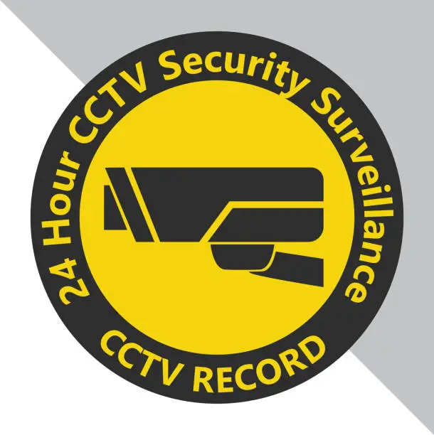 Vector illustration of Symbols of logo for CCTV  sticker. Meaning of protect and recoard 24 hours of security surveillance.