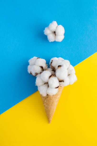 istock Ice cream cone with cotton on the colored background. Top view. Copy space. 1419073195