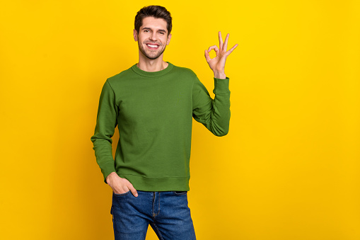 Photo of charming cute young guy wear green sweater showing okey sign empty space isolated yellow color background.