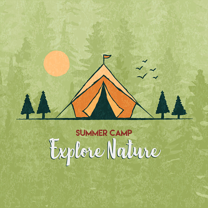 Explore nature illustration, hand drawn camping tent in pine tree forest landscape. Eco tourism or summer camp concept.