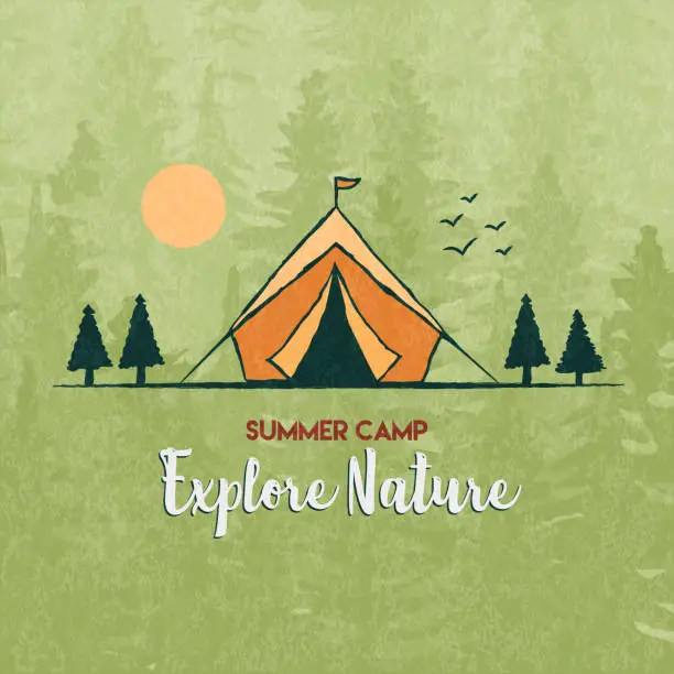 Vector illustration of Explore nature card of camping tent in forest