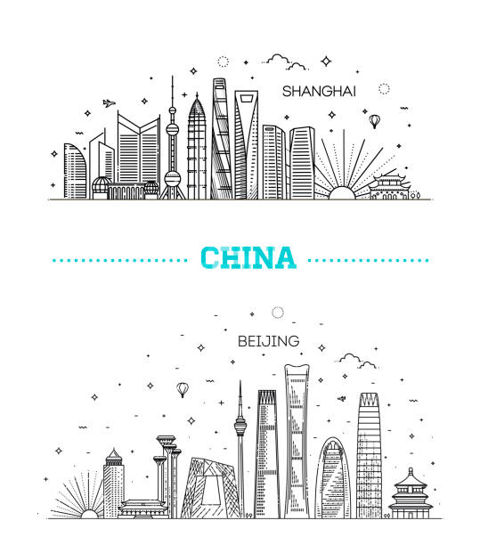 шанхай и пекин. китай, line art векторная иллюстрация со всеми известными зданиями - city urban scene monument china stock illustrations