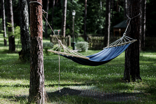 beautiful blue hammock in forest. relaxation