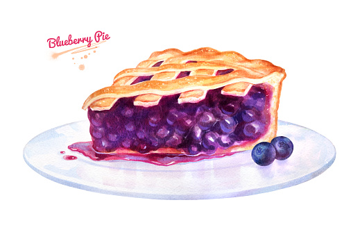 Hand painted watercolor illustration of Blueberry Pie on plate on white background