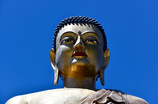 Thimphu, Bhutan: face of the Great Buddha Dordenma, gigantic Shakyamuni Buddha, one of the largest Buddha rupas in the world, made of bronze and gilded in gold - Kuenselphodrang.
