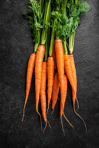 Fresh organic carrot onblack table, copy space. Bio farm carrots on dark background, eating organic heathy food concept.
