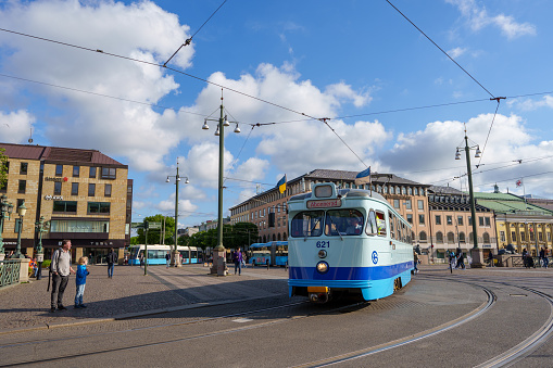 Tram in Goteborg City Centre passing Brunnsparken