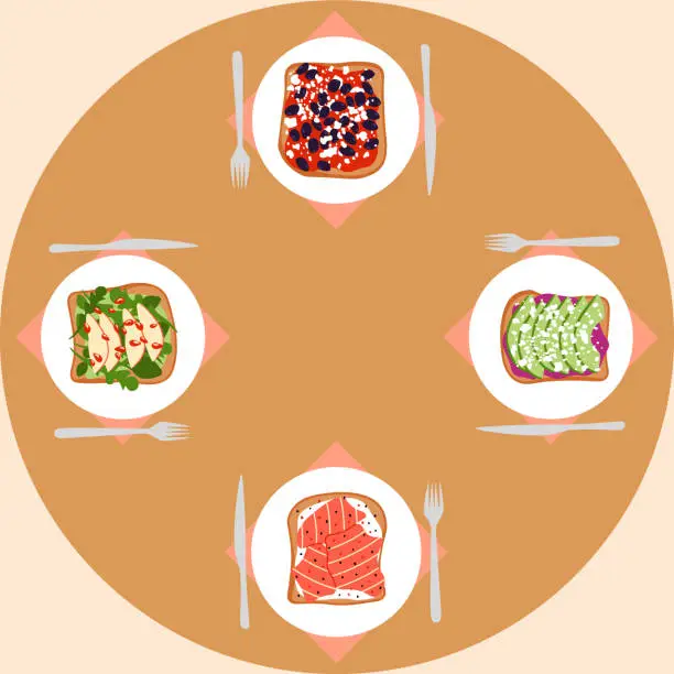 Vector illustration of Sandwiches in plates. Lunch food serving. Dining table top view. Forks and knives. Snack of bread and cheese. Square card. Toasts with vegetables or fish. Vector dinner meal illustration