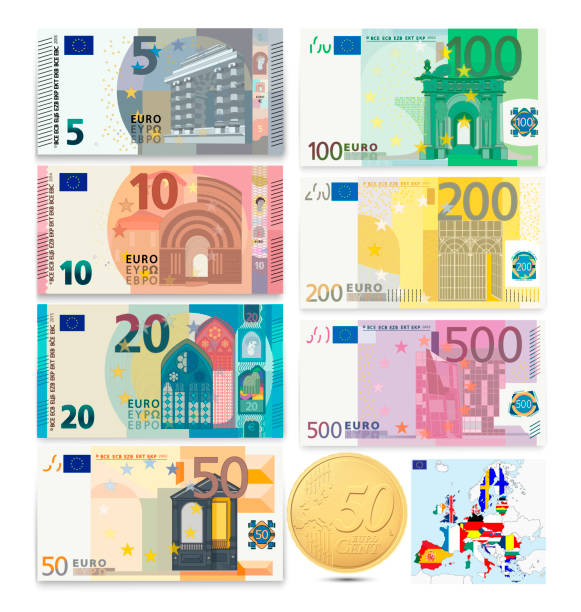 ilustraciones, imágenes clip art, dibujos animados e iconos de stock de billetes en euros. monedas de dinero. ilustración vectorial. - one hundred euro banknote