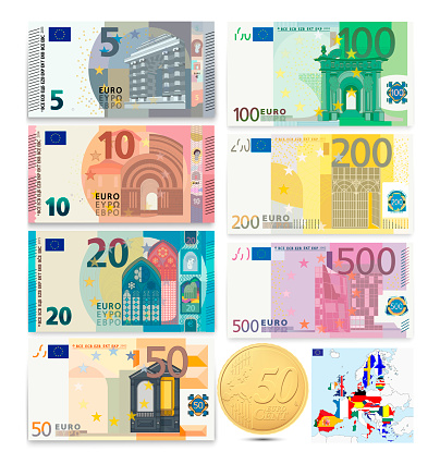 Euro banknotes. Money coins. Vector illustration.