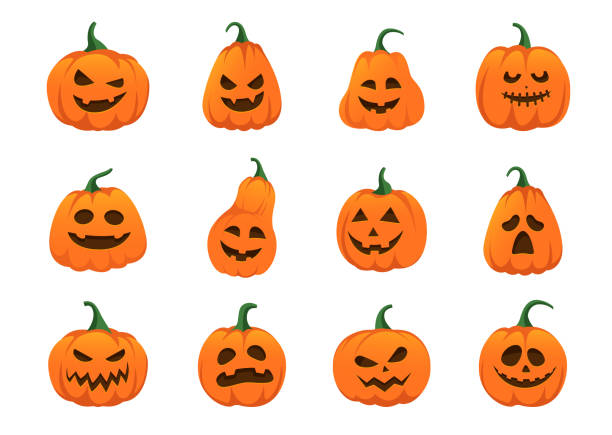 stockillustraties, clipart, cartoons en iconen met halloween pumpkins different faces set - pompoen