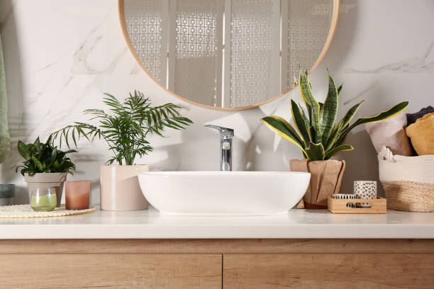 istock Bathroom interior with sink, beautiful green houseplants and mirror 1419090786