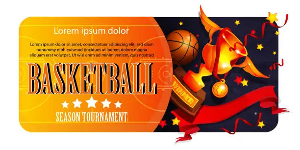 Vector illustration of Team competition, sport and victory concept in cartoon style. Basketball ball and winner's cup with a gold medal on a colored background with space for text. Creative graphic template, banner or app web page.