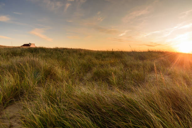 beautiful sunset landscape at the North sea with a lightning lighthouse, the Island of Sylt, Germany