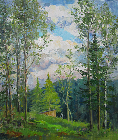 Sunny evening in the forest, oil painting
