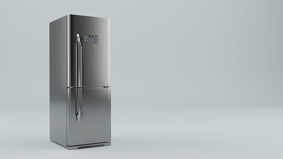 Moderno refrigerador de acero inoxidable Refrigerador congelador sobre un fondo gris, banner de diseño de maqueta. Renderizado 3D photo