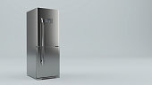Modern stainless Fridge Refrigerator freezer on a gray background, mockup layout banner. 3d rendering